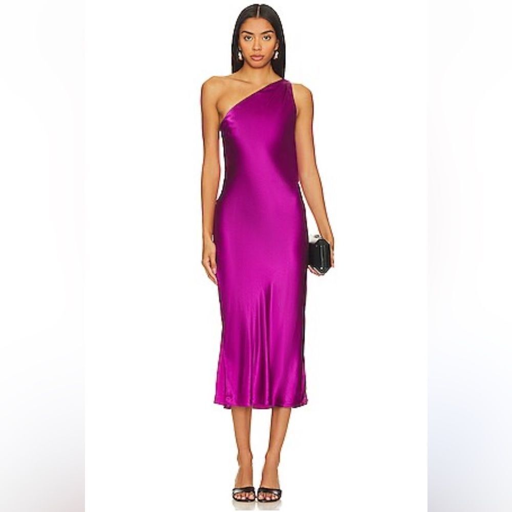 Cami NYC Revolve Anges Potion Fuchsia Satin Midi Dress One Shoulder Silk Small